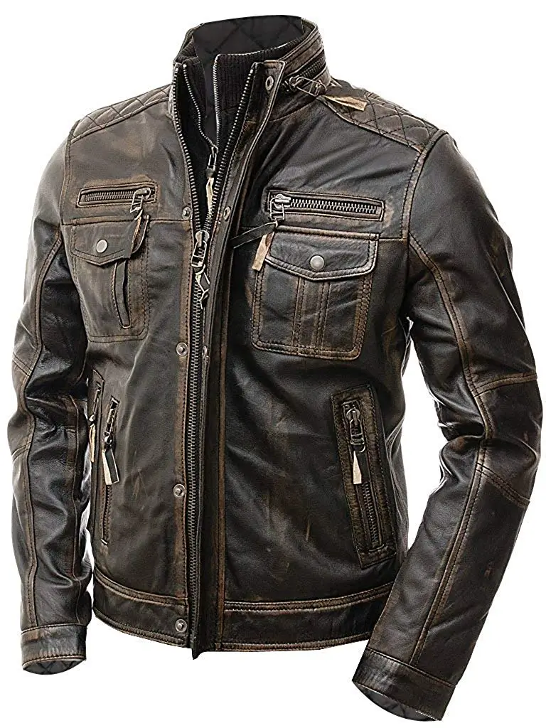 Cafe Racer Distressed Motorcycle Brown Leather Jacket
