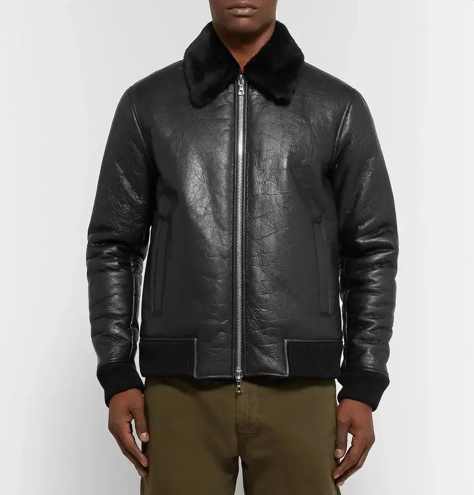 NN07 Rowan Shearling Trimmed Black leather Jacket
