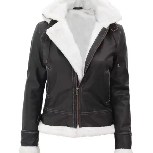 Womens Dark Brown Fur Leather Jacket With Removable Hooded