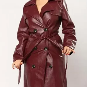 Womens Double Breasted Burgundy Robed Leather Coat 1