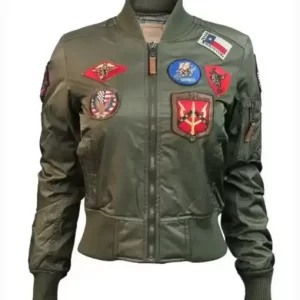 Womens Top Gun Patches Olive Bomber Jacket