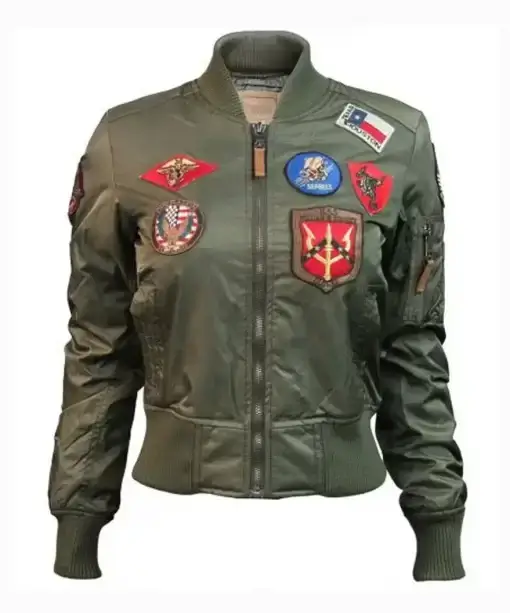 Womens Top Gun Patches Olive Bomber Jacket