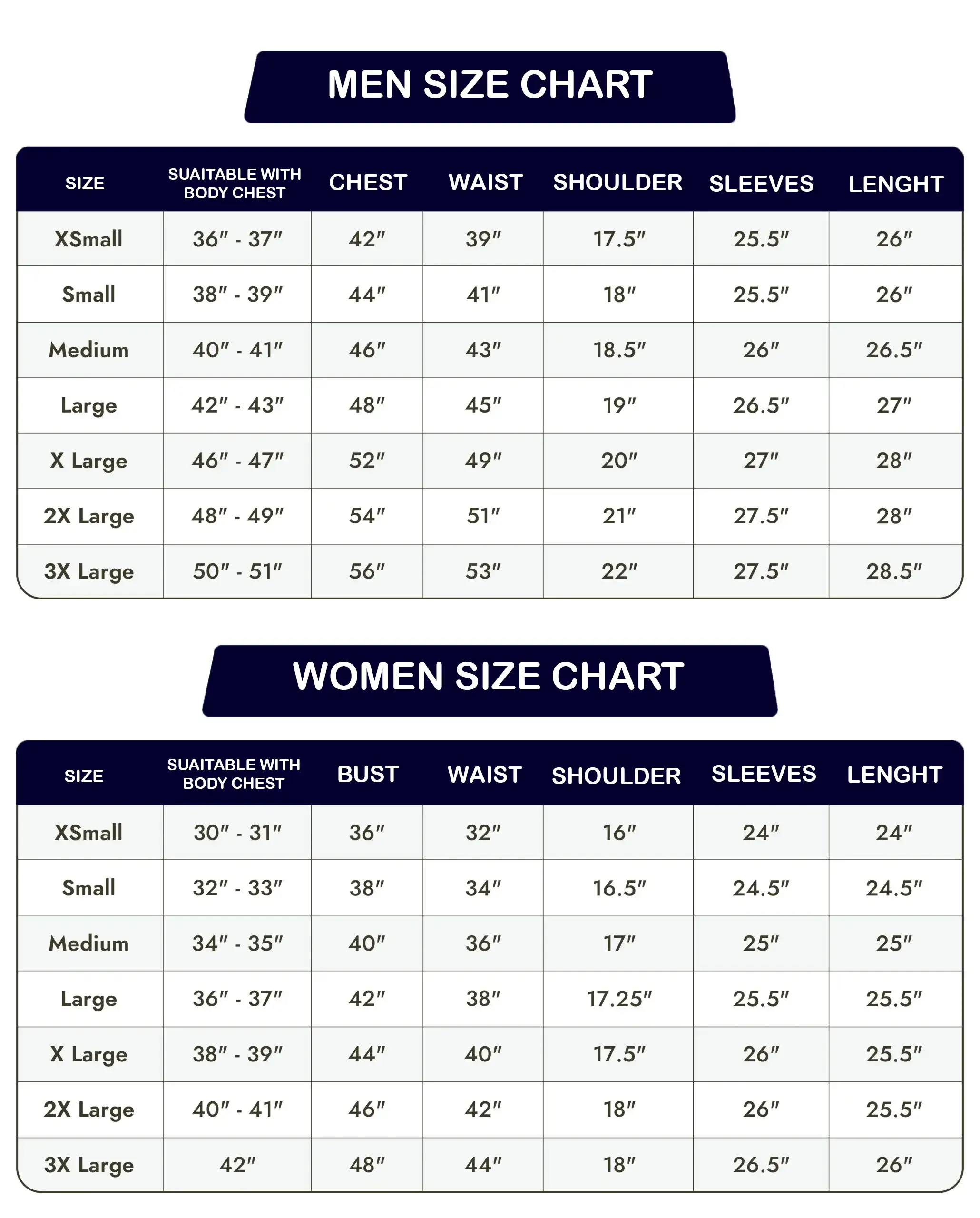 men women size chart for the alpha jacket