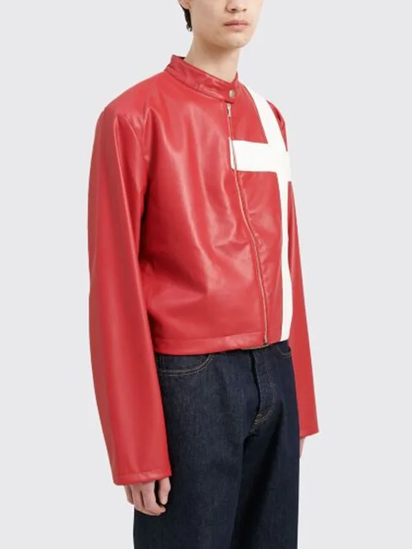 Faux Leather Cross Red Biker Jacket