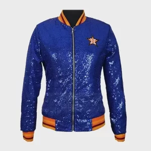 Handmade Women Astros Sequin Jacket, Baseball Team Houston Blue Glitter Jacket Bomber Women's