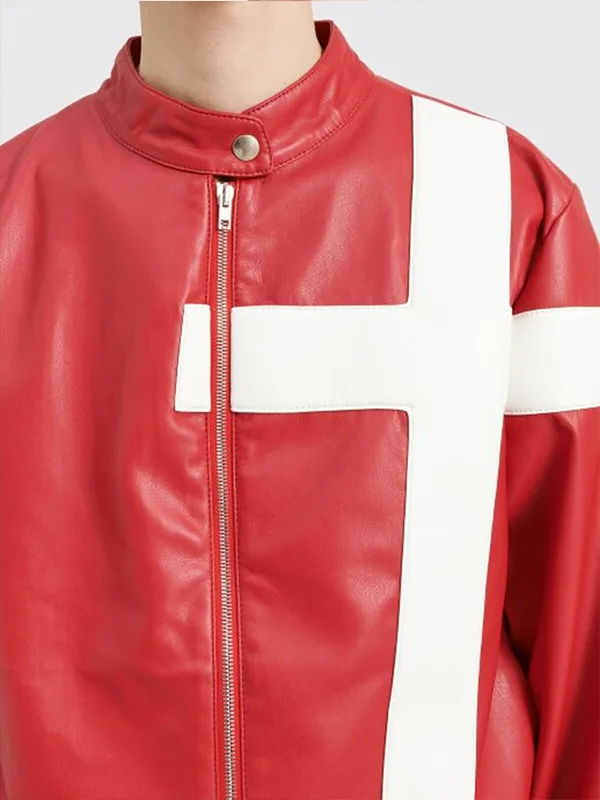 Unisex Stylish Faux Leather Cross Red Biker Jacket
