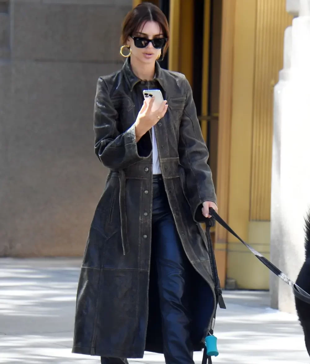Emily Ratajkowski Long Leather Coat